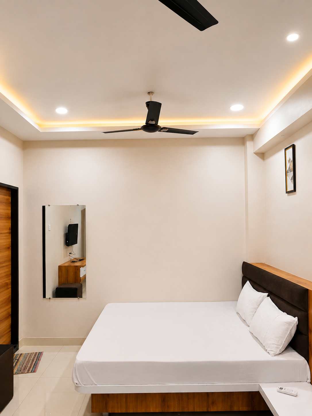 Double bed room with modern ceiling and lighting